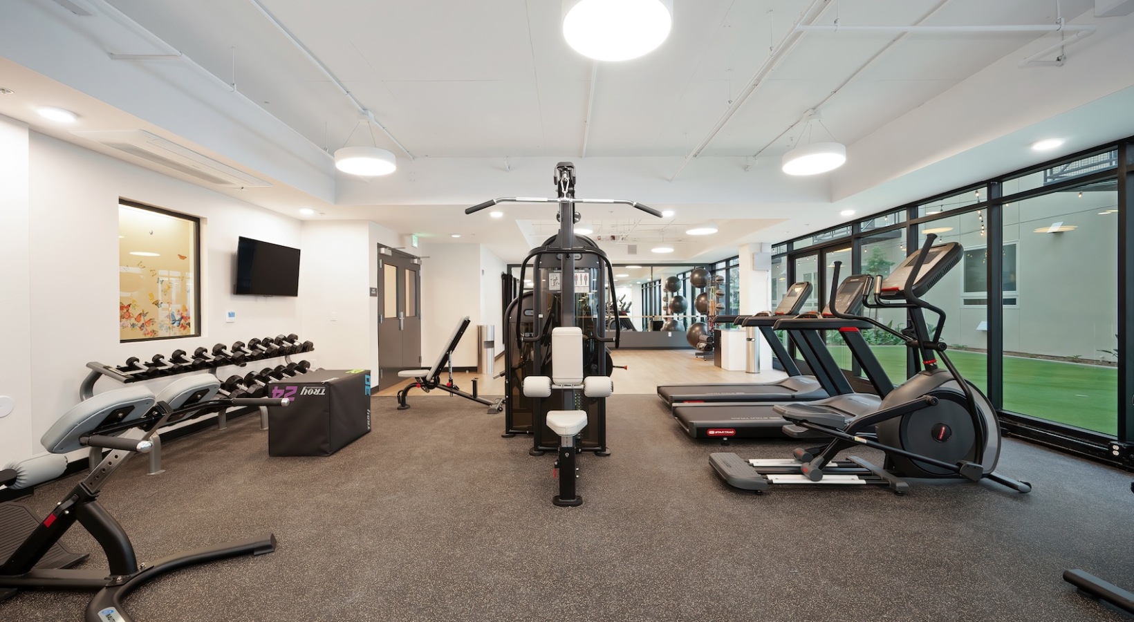 Everything within reach Open and well-lit fitness center